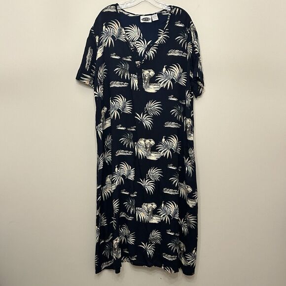 MTB Meant To Be Short Sleeve Midi Shift Dress Womens XL Blue Tropical Elephant - Picture 1 of 8